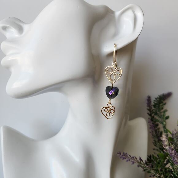 Gold and Purple Heart Dangle Earrings - Picture 6 of 10